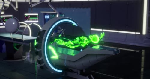 Erforschung des menschlichen Körperskeletts in einer futuristischen Laborumgebung