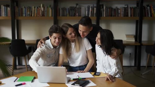 College University Students Group Study Together Prepare Project Make Notes Happy Diverse Young