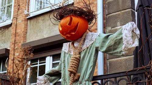 Halloween Horror Scarecrow Decorated Outdoor Cafe or Restaurant Terrace in America or Europe with