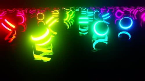 Flying over neon colorful balls with reflection from metal. VJ loop abstract action background.