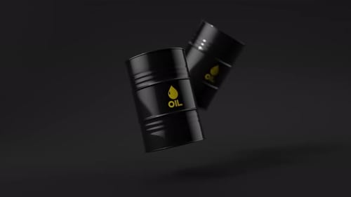 Deux barils de pétrole en métal noir flottent sur fond noir, vue de face, concept de l'industrie pétrolière, boucle de rendu 3D