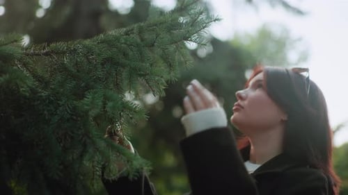 Chic Lady Admiring Oak Branch in Serene Autumn Forest