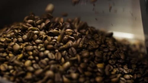 Roasted Coffee Beans Falling into a Pile