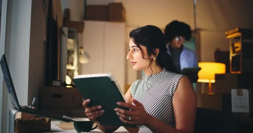Ecommerce, night or people in office with tech, inventory check or order processing for webshop
