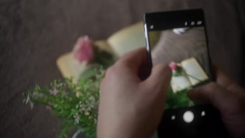 Taking pictures with a creative artistic background and a smartphone camera for social media close u