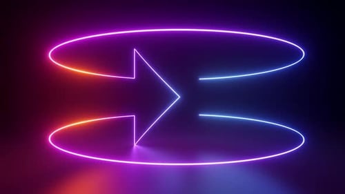 Dynamic neon arrow rotates through abstract space, motion concept