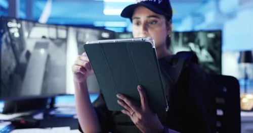 Security, Wachmann und Frau mit Tablet für Monitor-App, Video und Beobachtung bei Nacht