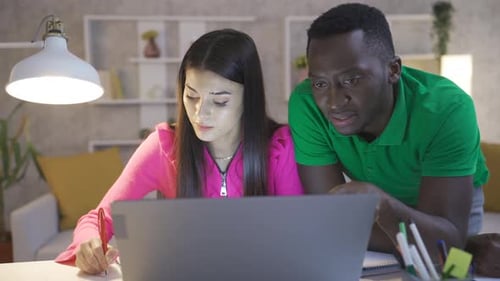 Multiethnic couple working in home office using laptop, taking notes and doing brainstorming.