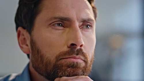 Pensive Entrepreneur Contemplating Idea Workplace Closeup Businessman Pondering