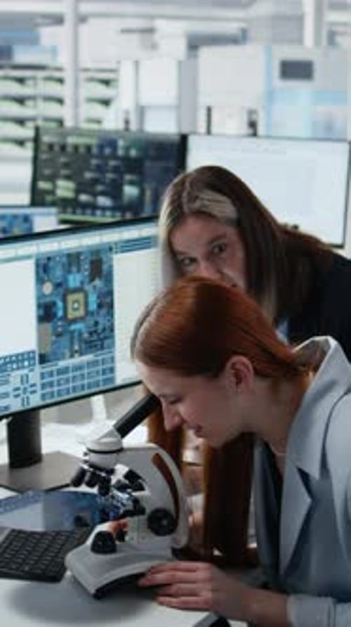Vertical Video Reviewing Semiconductor Substrate Structures Microscope and Woman in Office