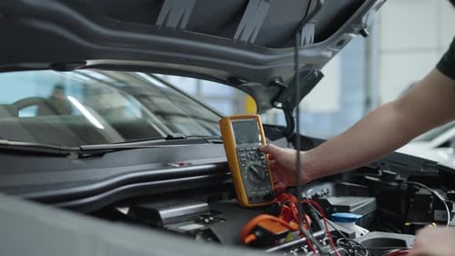 Travailleur installant un multimètre dans le compartiment moteur d'une voiture électrique