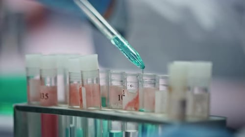 Pipette Drops Liquid Into Lab Sample Vials