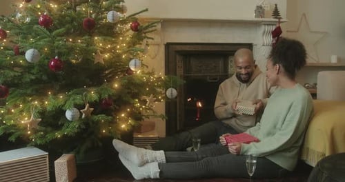 Romantic Couple Exchanging Gifts by Christmas Tree