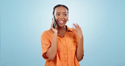 Woman, laugh and phone call communication in studio for discussion, conversation