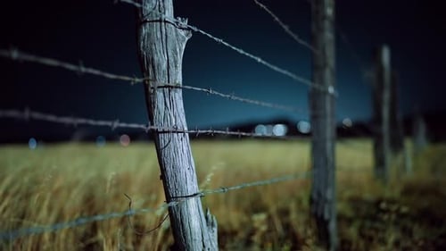 Rustic Barbed Wire Fence Post in Rural Field at Night with Bokeh Lights