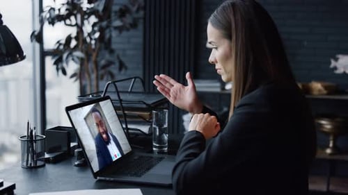 Manager Talking Internet Chat Looking Laptop Screen Closeup Woman Video Calling