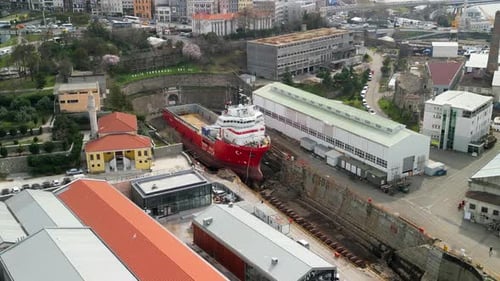 Istanbul/turkey circa 2023: Big boat construction at a shipyard circle shot
