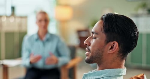 Depression, psychology and patient with therapist for anxiety and sound therapy treatment for ptsd