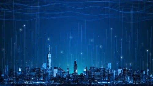 Digital City Skyline with Data Flow Connectivity Loop