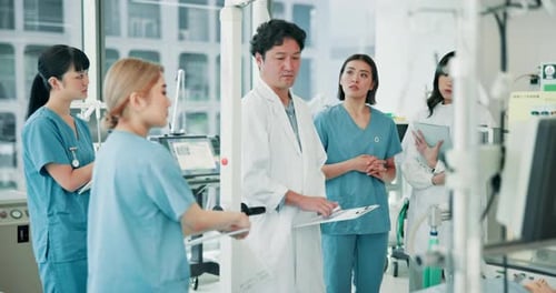 Medical, students and doctor at hospital for teaching, learning or leadership in Japan