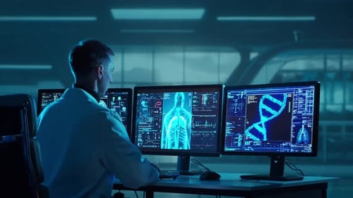Doctor Working at Futuristic Office Multiple Monitors Displaying Medical Images Data and Body Scans
