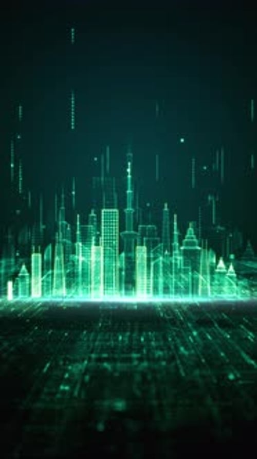 Futuristic Digital City Hologram with Data Flow Background