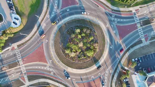 Traffic Circle on American Road with Driving Cars Overhead View of US ...