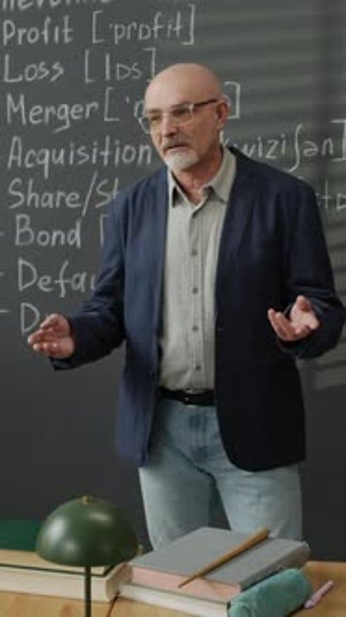 Middle-aged Male Teacher Lecturing Students in Business English Class