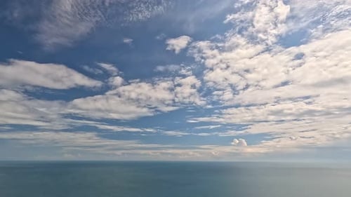 Timelapse Fluffy Cumulus Clouds Moving in Blue Summer Sky Over Calm Sea Abstract Aerial Nature