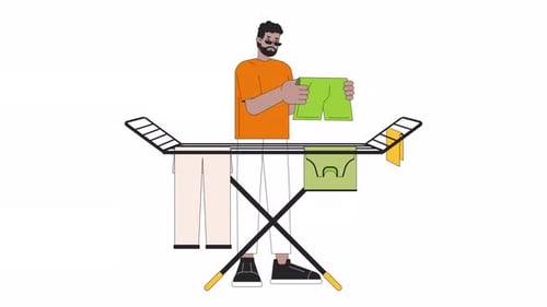 Flat Design Animation of Man Hanging Laundry