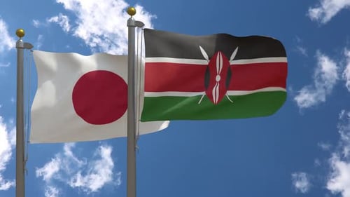 Flags of Japan and Kenya Waving in Realistic Wind