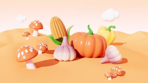 Cartoon-Herbstgemüse im Freien, guter Erntehintergrund, 3D-Rendering.