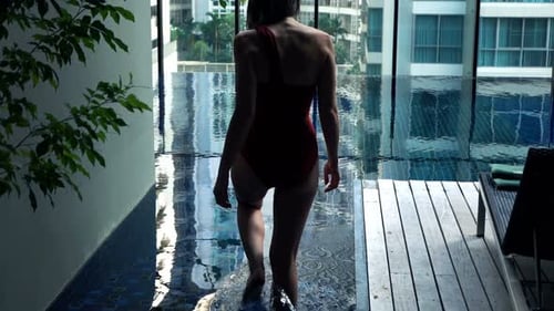 Sexy Woman Walking Into Swimming Pool, Super Slow Motion 120fps