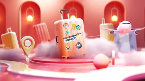 Animated 3D Travel Scene with Suitcase and Airplane