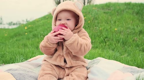 A Cute Little Infant Girl in a Warm Jumpsuit is Sitting on a Plaid on a Green Lawn and Eating an