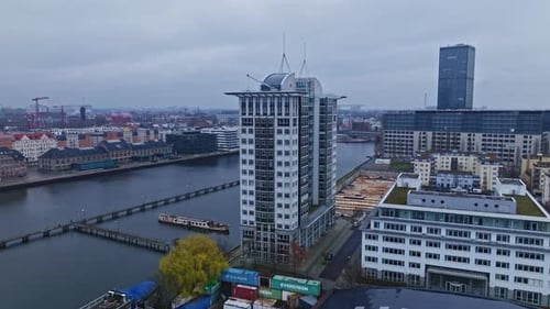 Aerial view of modern buildings on the bank of spree river