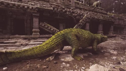 Un crocodile explore d'anciennes ruines dans un environnement luxuriant pendant la journée