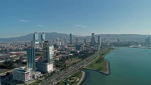 bird's eye view of izmir flagged skyscrapers