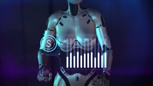 An AI Robot Works With A Virtual Chart Of Dollar Quotes