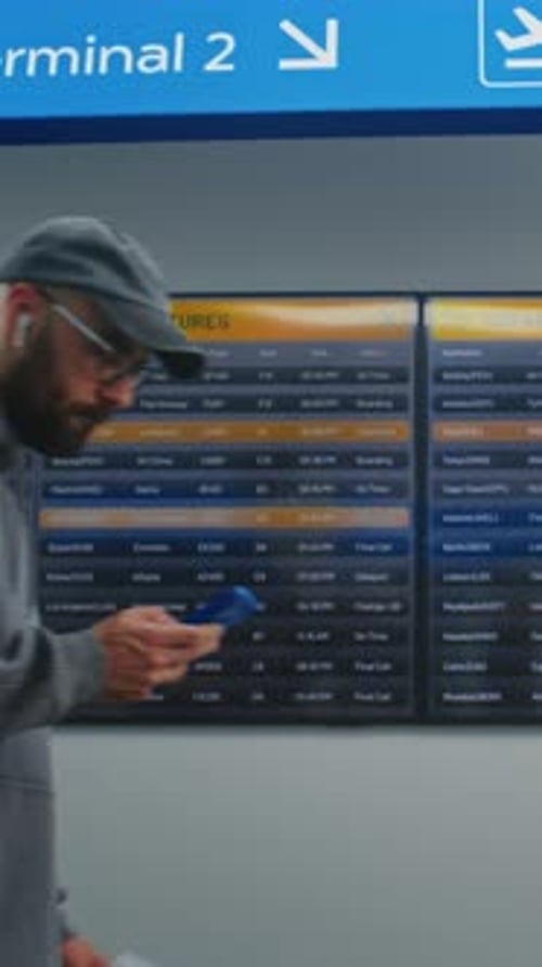Airport Terminal Man with Mobile Phone Checks His Flight on Digital Departure Board