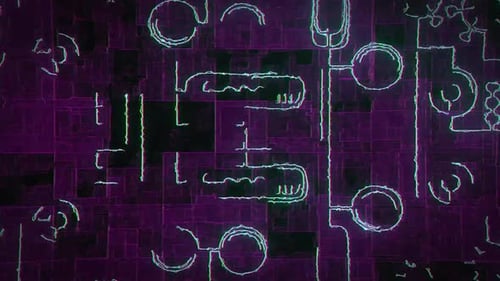 Animated Circuit Board Design with Glowing Neon Lines and Glitch Effect