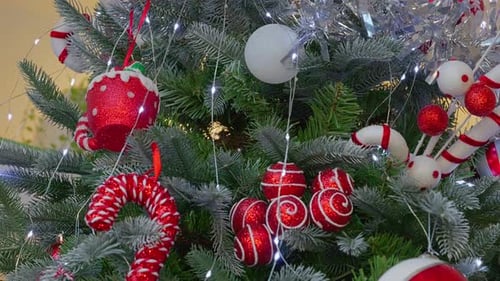 Decorated Christmas Tree with Red and White Ornaments