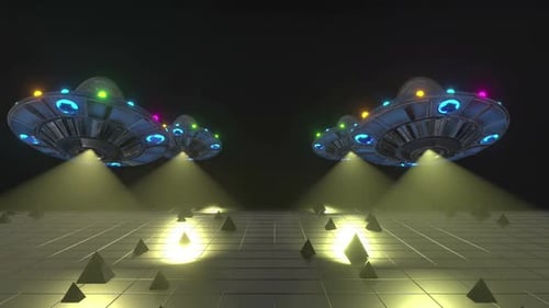 Futuristic UFO Fleet Flying Over a Dark Grid Landscape