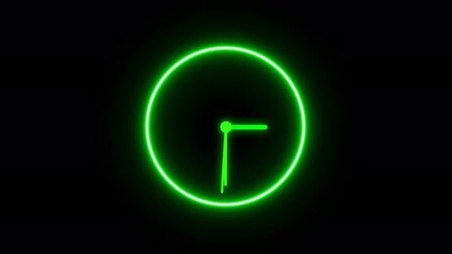 Neon Green Clock with Moving Hands on Black Background