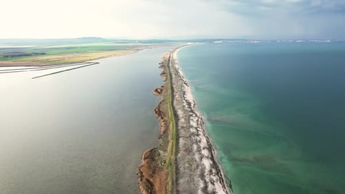 Aerial view of Lake Pomorie and Black Sea coastline, Bulgaria.