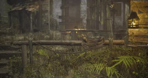 Rustic Wooden Post with Tools and Greenery in Tranquil Countryside Setting