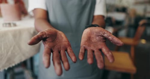 Dirty, hands and pottery with man in workshop closeup for art, crafts or creative hobby