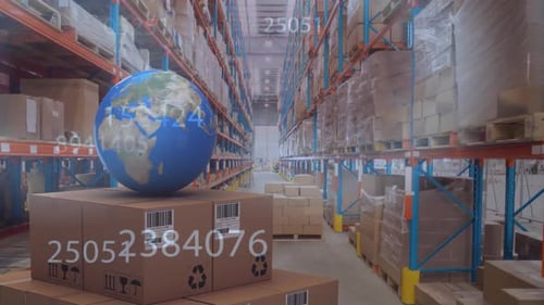 Animation of numbers changing over globe and cardboard boxes in warehouse
