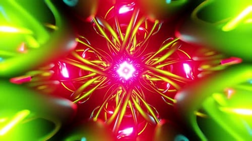 Neon Green Tubular Mandala VJ Loop with Glowing Magenta Core and Sheen