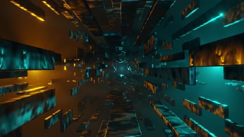 Sehr langer Tunnel voller Löcher mit vielen Lichtern. Animation in einer Schleife